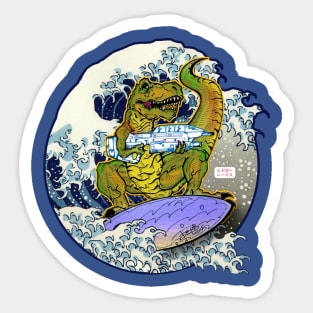 Surfing T-Rex with a gun! Sticker